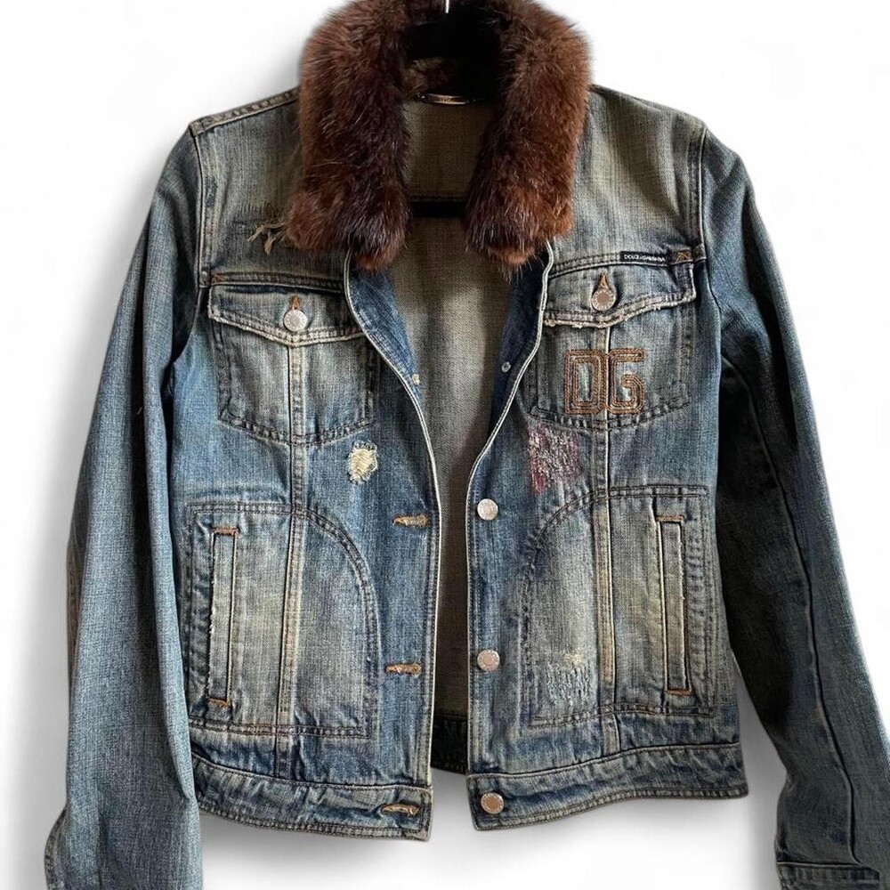 RARE Vintage Dolce & Gabbana D&G Fur Collar Distressed Denim Jacket Y2K